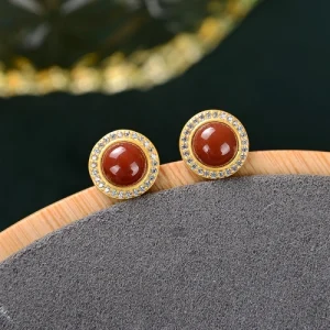 S925 Silver South Red Agate Classic Round Earrings