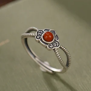 S925 Sterling Silver South Red Agate Hollow Rings