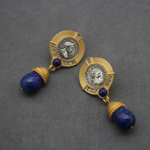 Vintage Jewelry Natural Lapis Lazuli Ancient Coin Earrings