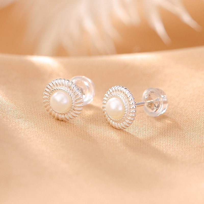 S925 Sterling Silver Pearl Daisy Round Bead Earrings - 이미지 4