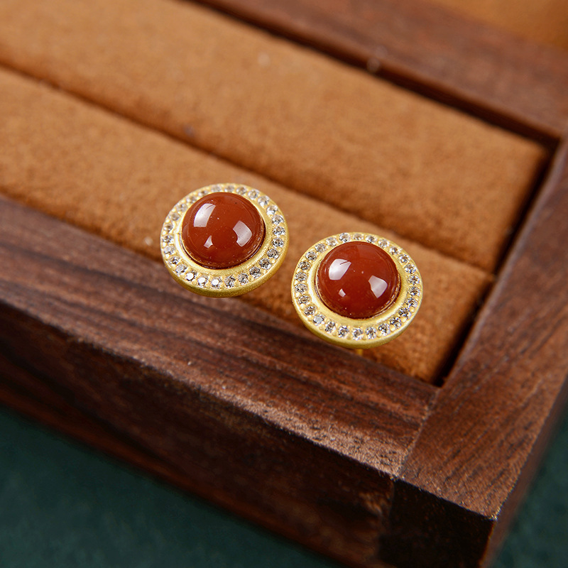 S925 Silver South Red Agate Classic Round Earrings - 이미지 4
