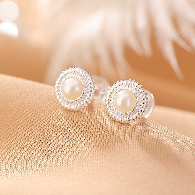 S925 Sterling Silver Pearl Daisy Round Bead Earrings - 이미지 5