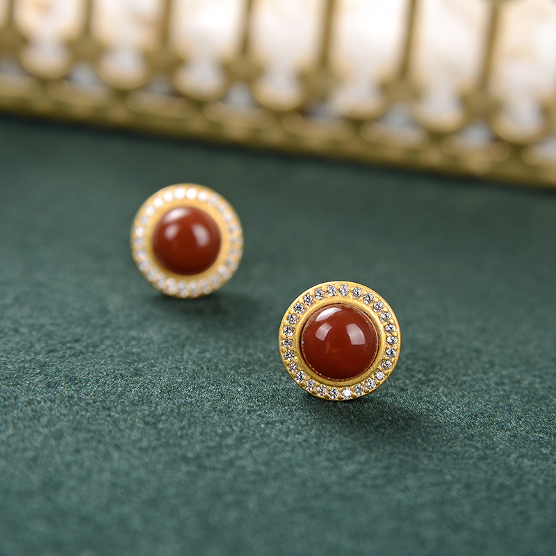 S925 Silver South Red Agate Classic Round Earrings - 이미지 5