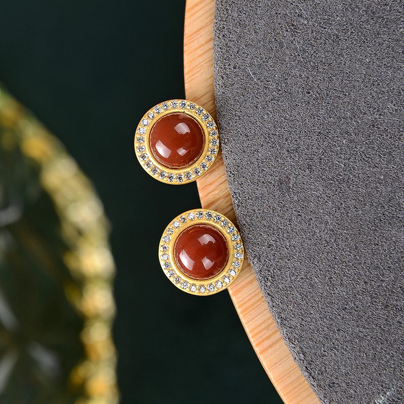 S925 Silver South Red Agate Classic Round Earrings - 이미지 6
