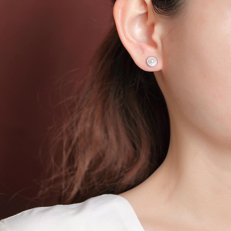 S925 Sterling Silver Pearl Daisy Round Bead Earrings - 이미지 2
