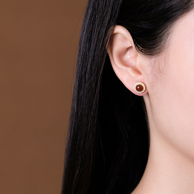 S925 Silver South Red Agate Classic Round Earrings - 이미지 2