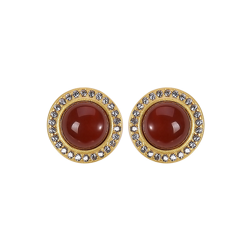 S925 Silver South Red Agate Classic Round Earrings - 이미지 3